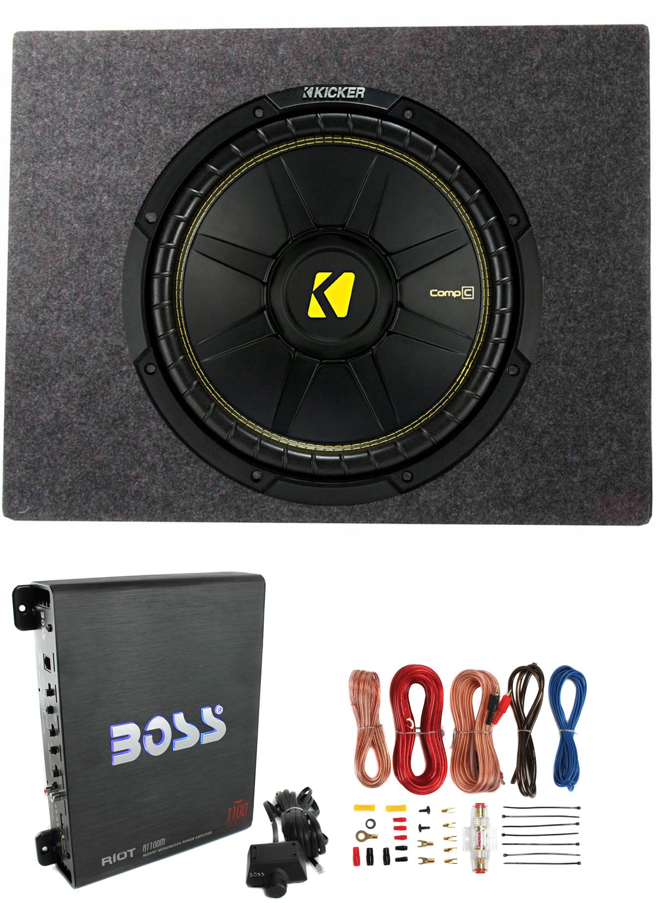 Kicker 500W Subwoofer w/ QPower Enclosure & Boss 1100W A/B Amplifier w/ Amp Kit