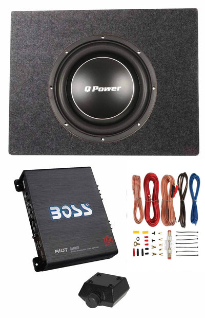 Q Power 12" Shallow 1200W Subwoofer + Shallow Enclosure + Amplifier & Wire Kit