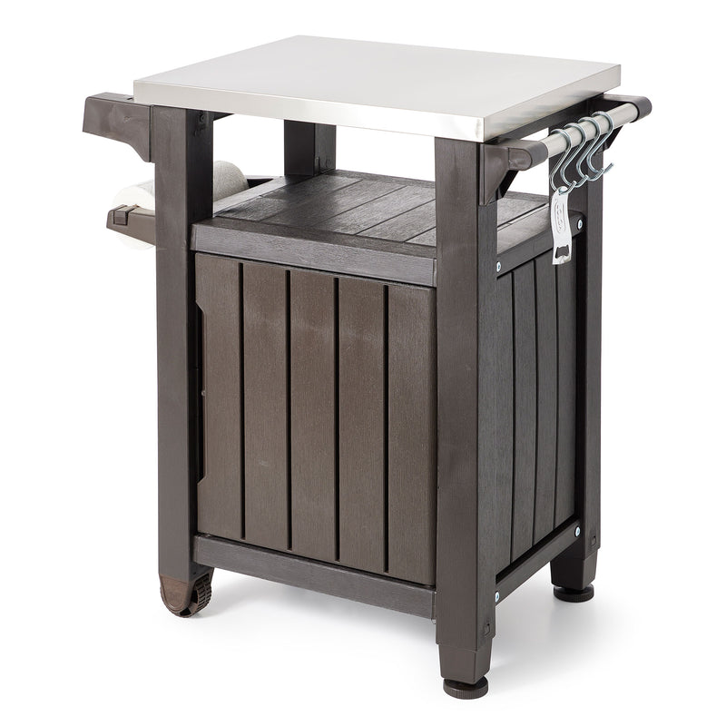 Keter Unity 40 Gal Patio Storage Grilling Bar Cart w/ Stainless Steel Top, Brown