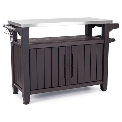 Keter Unity XL Outdoor Kitchen Bar Rolling Cart w/ Storage Cabinet, Brown (Used)