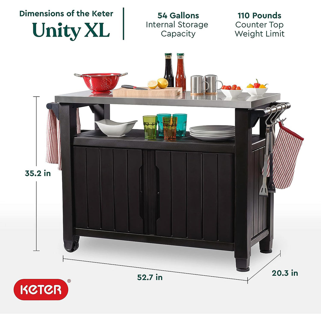 Keter Unity XL Outdoor Kitchen Rolling Bar Cart with Storage Cabinet, Brown