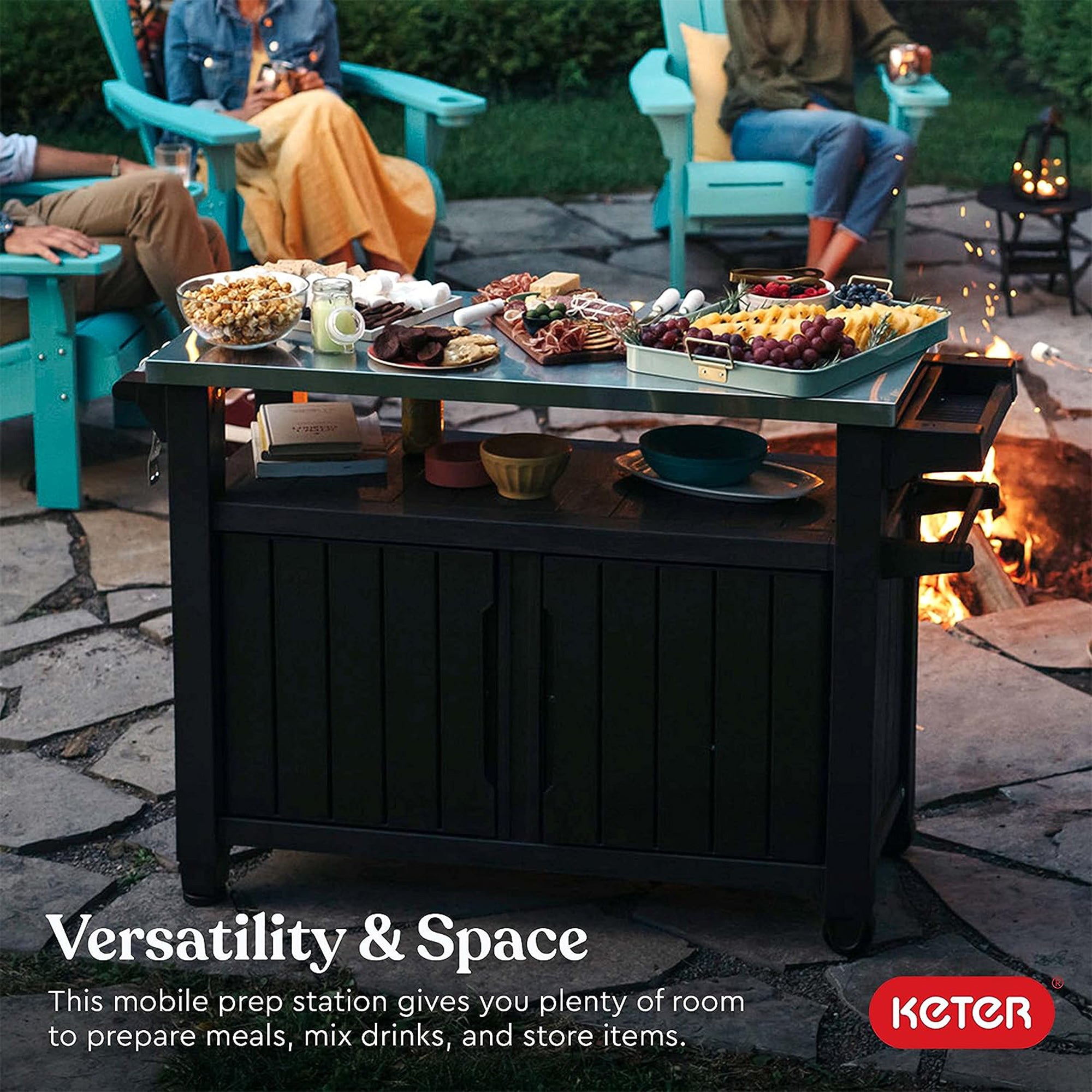Keter Unity XL Outdoor Rolling Bar Cart Storage & Westwood Deck Box, Espresso