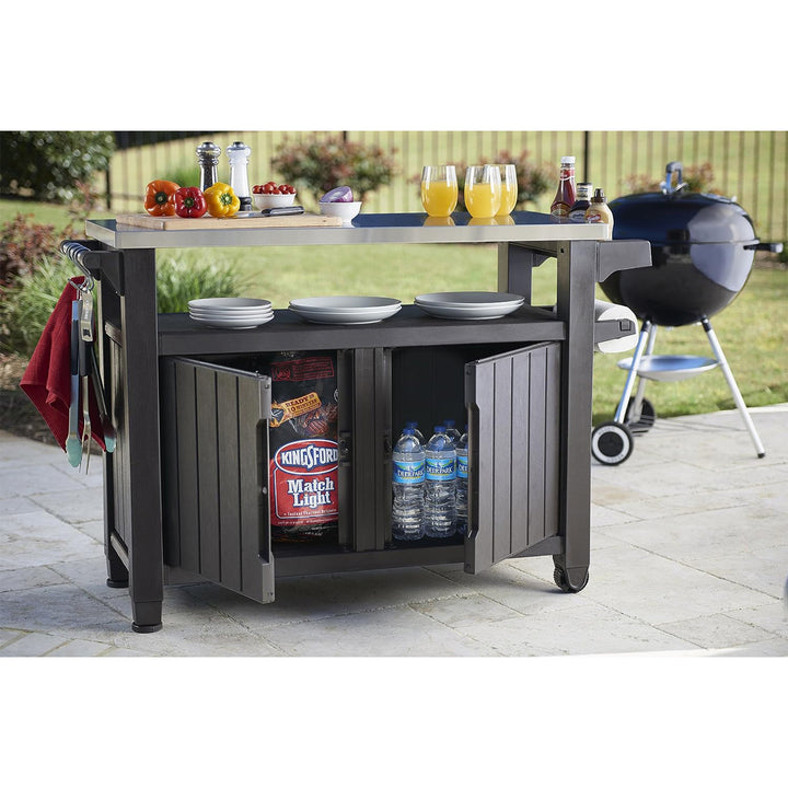 Keter Unity XL Outdoor Kitchen Bar Rolling Cart with Storage Cabinet, Brown - VMInnovations