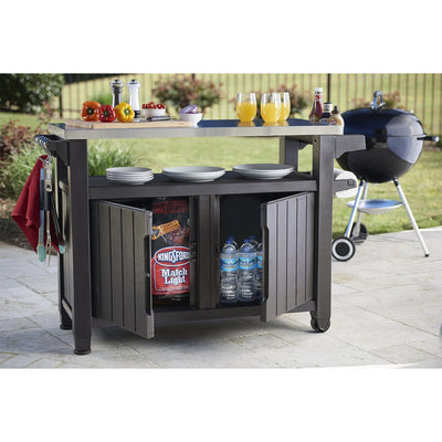 Keter Unity XL Outdoor Kitchen Bar Rolling Cart w/ Storage Cabinet, Brown (Used)