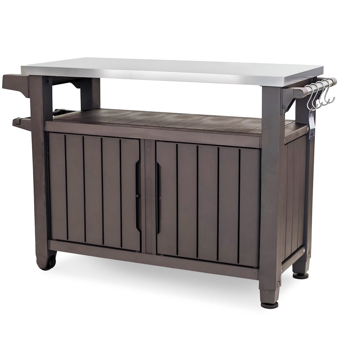 Keter Unity XL Outdoor Kitchen Rolling Bar Cart with Storage Cabinet, Brown