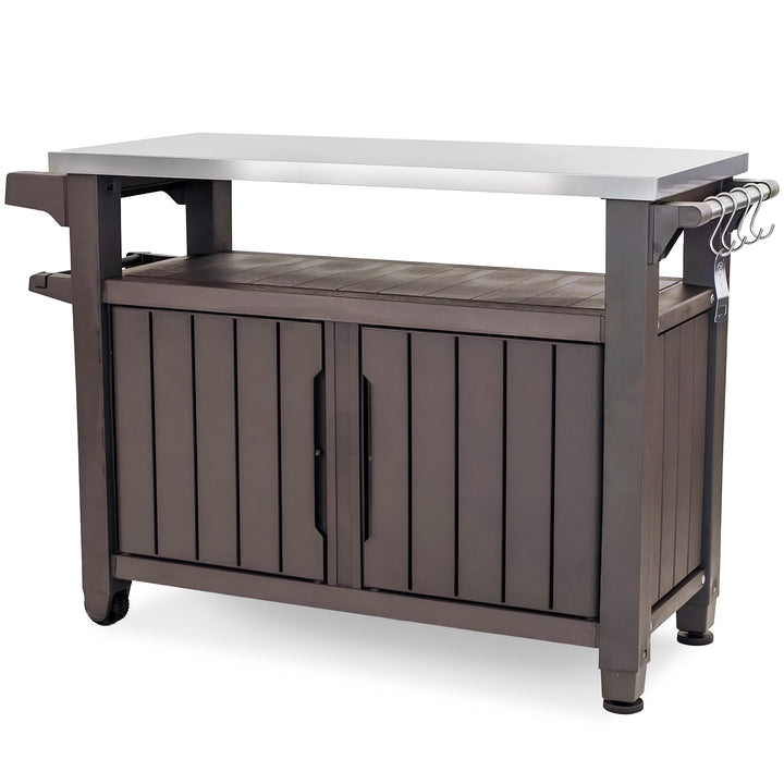 Keter Unity XL Outdoor Kitchen Bar Rolling Cart w/ Storage Cabinet, Brown (Used)
