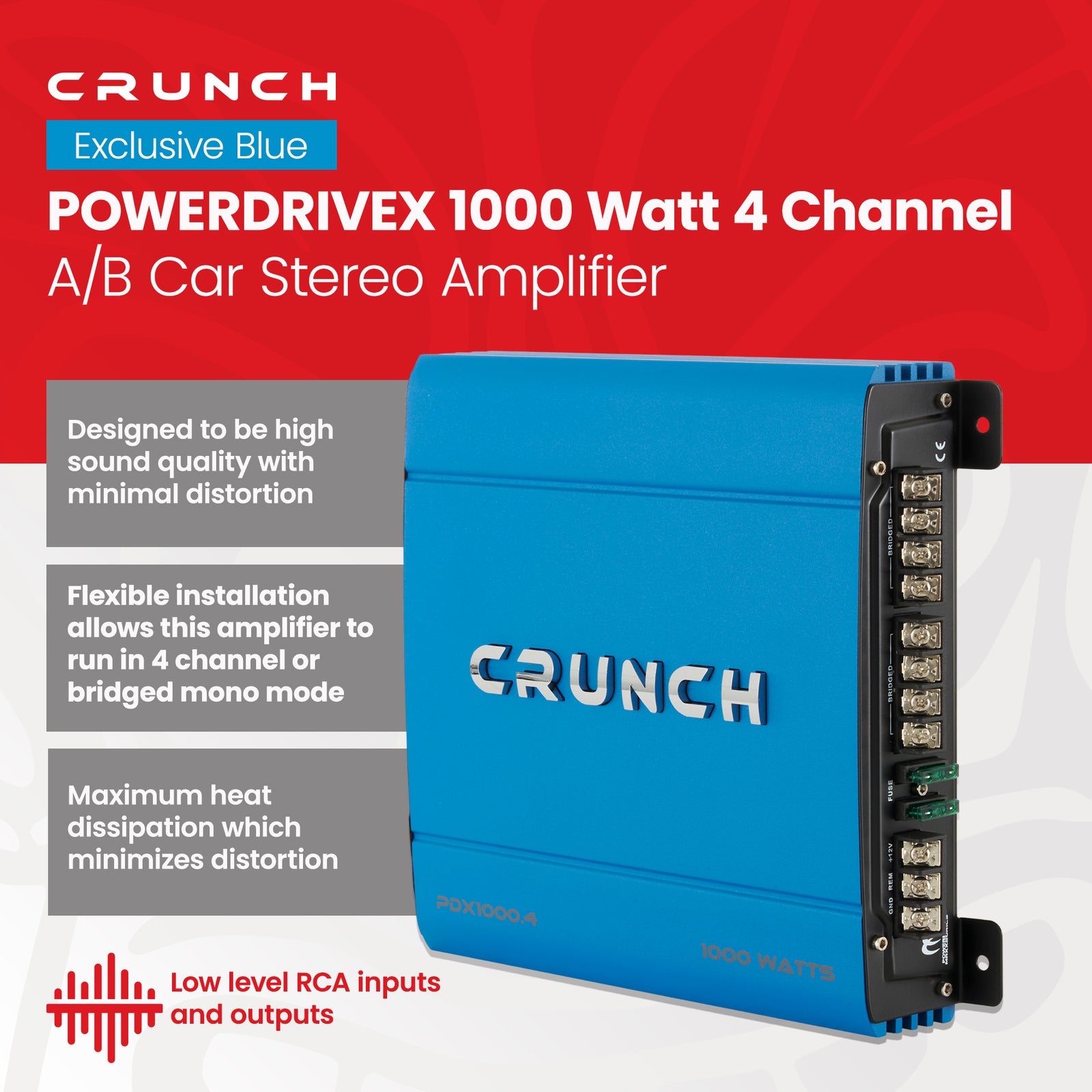 Crunch PowerDriveX 1000 Watt 4 Channel Exclusive Blue A/B Car Stereo Amplifier - VMInnovations