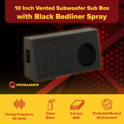 Q Power QBomb Single 10 Inch Vented Subwoofer Sub Box with Black Bedliner Spray