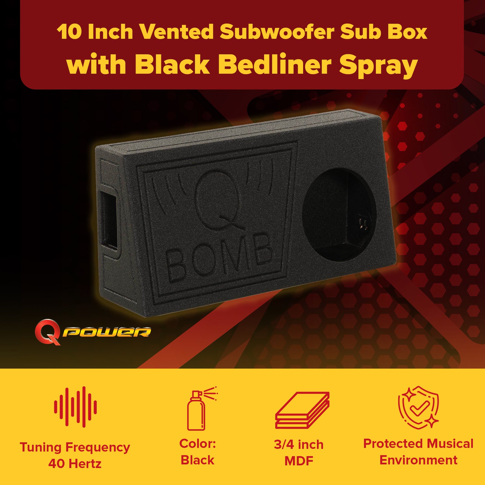 Q Power QBomb Single 10 Inch Vented Subwoofer Box w/ Bedliner Spray | Open Box - VMInnovations