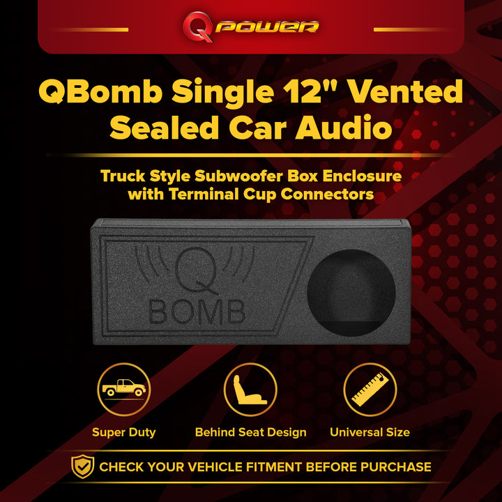 Q Power QBomb Single 12 Inch Vented Subwoofer Sub Box with Black Bedliner Spray - VMInnovations