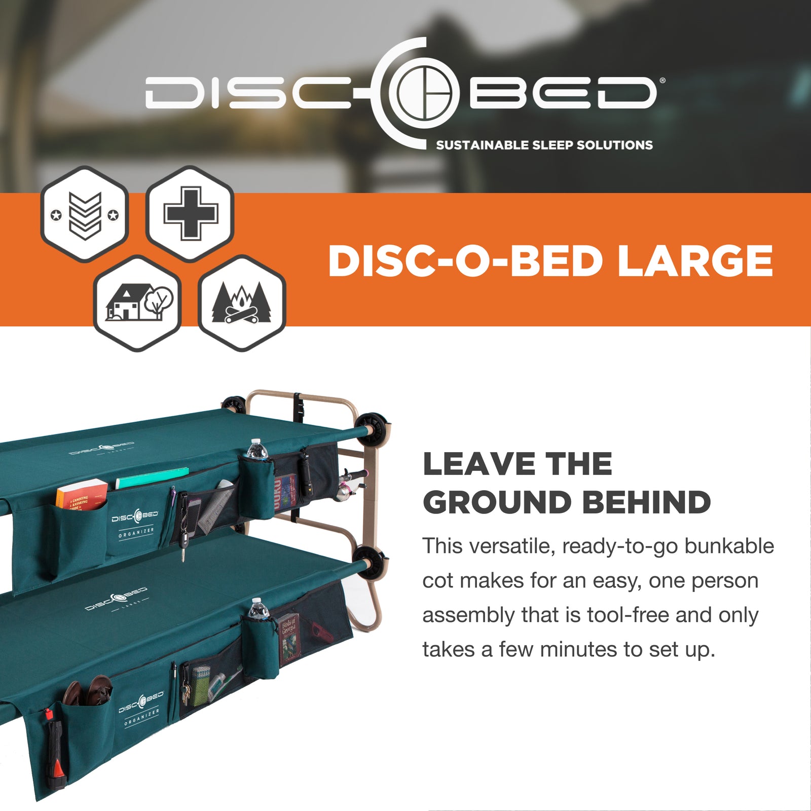 Disc-O-Bed Cam-O-Bunk Benchable Bunked Double Cot w/ Organizers, Green (Used) - VMInnovations