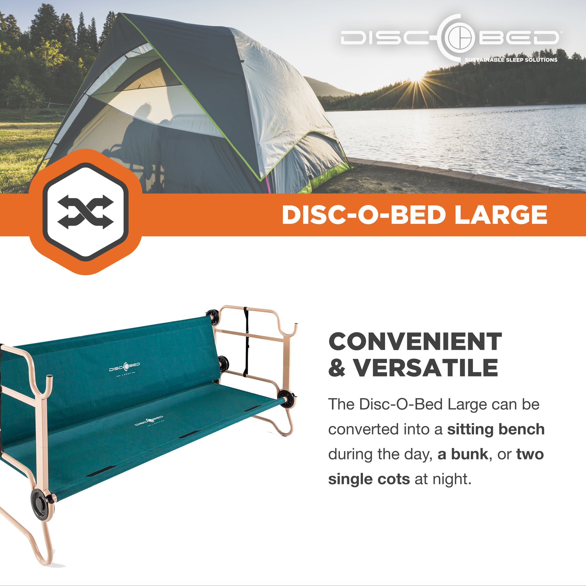 Disc-O-Bed Cam-O-Bunk Benchable Bunked Double Cot w/ Organizers, Green (Used) - VMInnovations