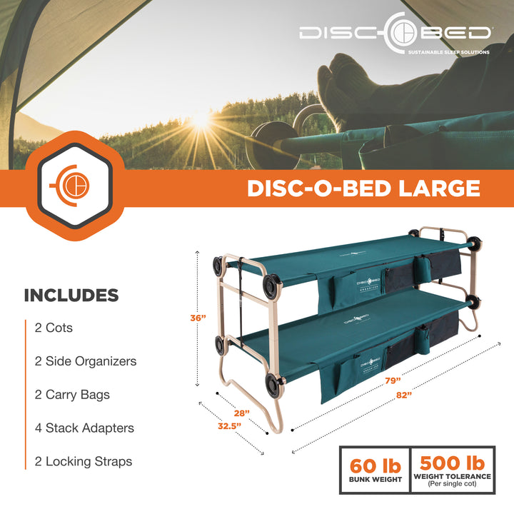 Disc-O-Bed Cam-O-Bunk Benchable Bunked Double Cot w/ Organizers, Green (Used)