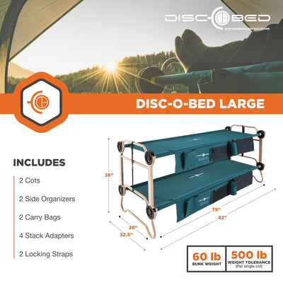 Disc-O-Bed Cam-O-Bunk Benchable Bunked Double Cot w/ Organizers, Green (Used) - VMInnovations
