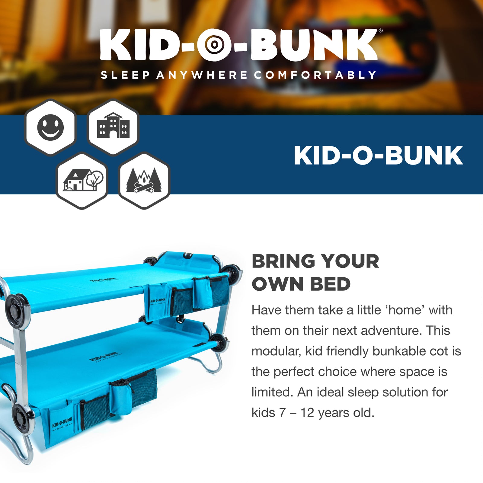 Disc-O-Bed Youth Kid-O-Bunk Benchable Camping Cot w/ Organizers, Teal Blue(Used) - VMInnovations