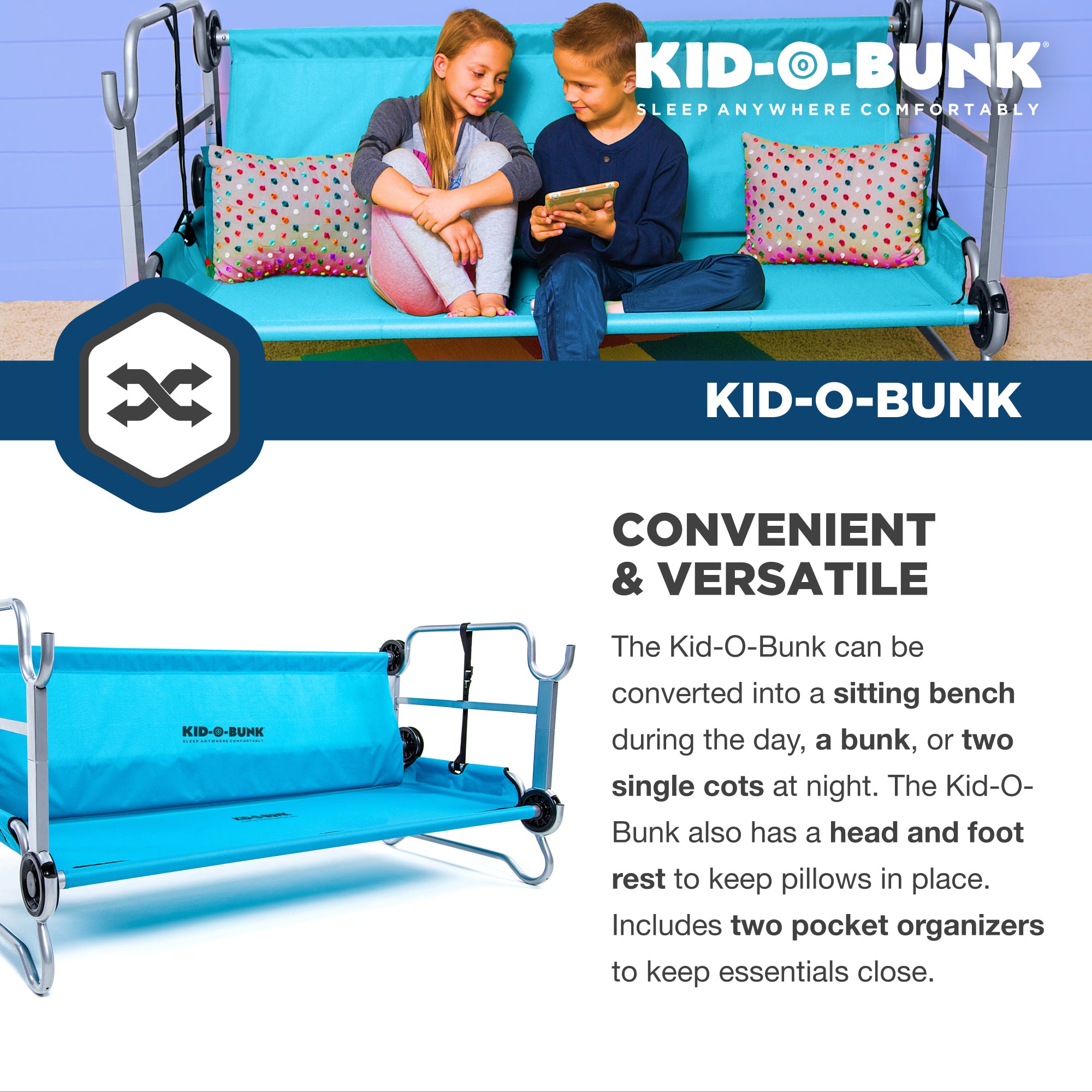 Disc-O-Bed Youth Kid-O-Bunk Benchable Double Cot with Storage Organizers, Teal - VMInnovations
