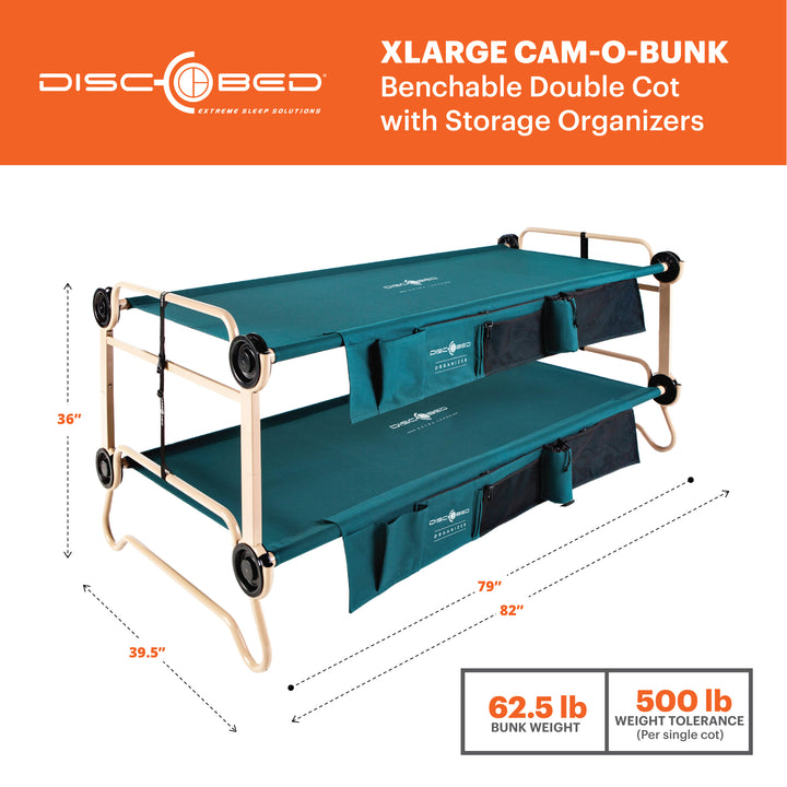 Disc-O-Bed XL Cam-O-Bunk Benchable Double Cot with Storage Organizers, Green