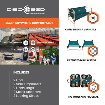 Disc-O-Bed XL Cam-O-Bunk Benchable Double Cot with Storage Organizers, Green - VMInnovations
