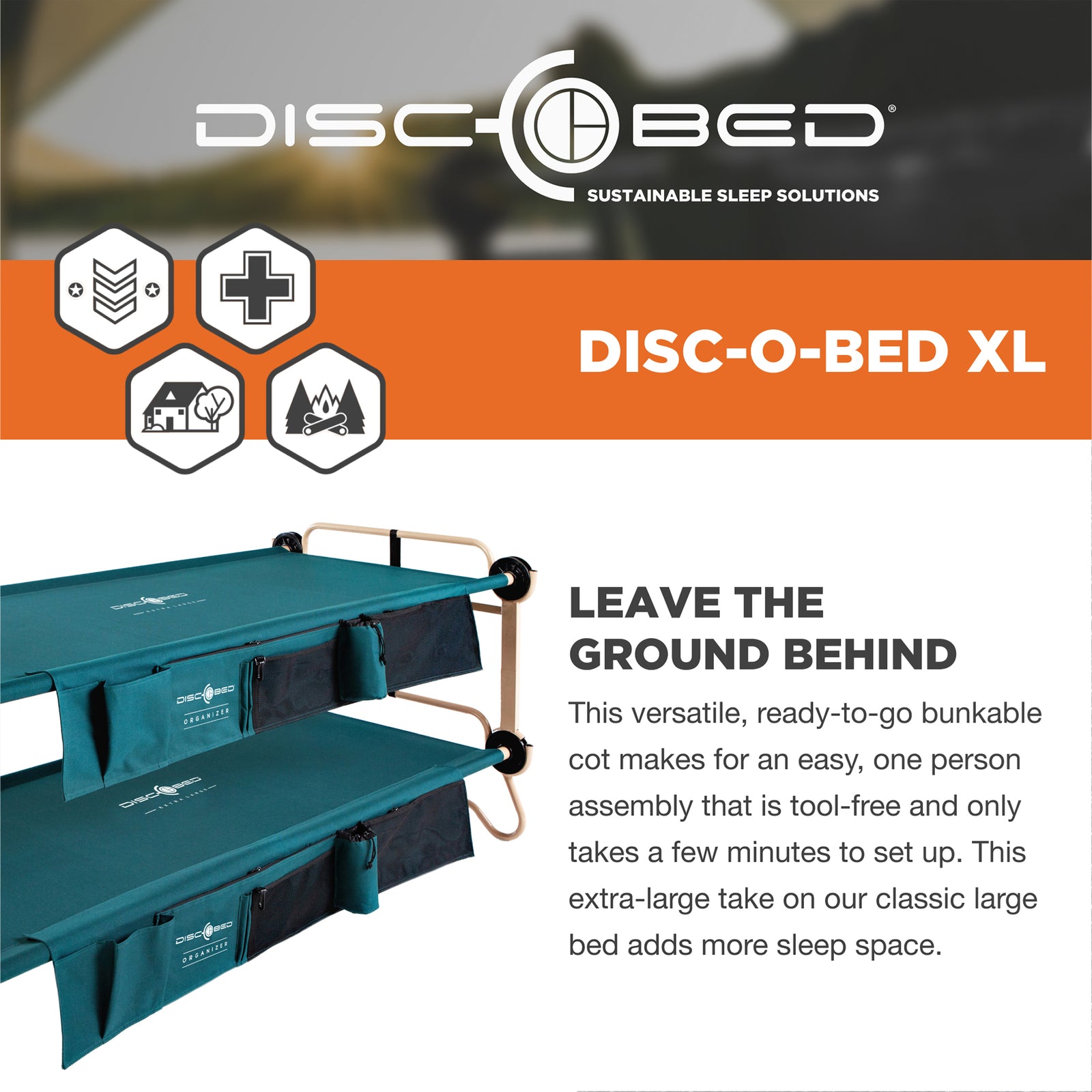 Disc-O-Bed XL Cam-O-Bunk Benchable Double Cot with Storage Organizers, Green - VMInnovations