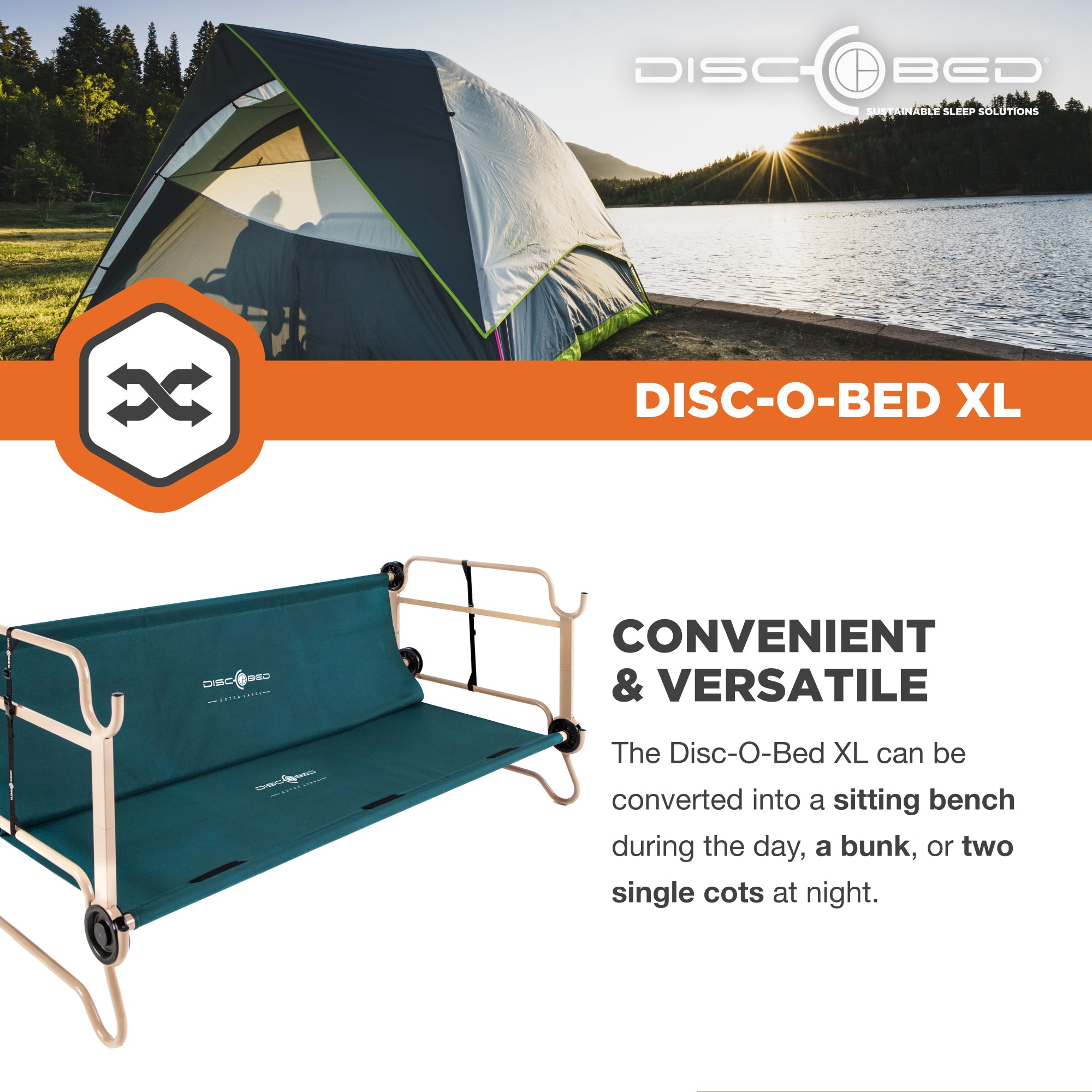 Disc-O-Bed XL Cam-O-Bunk Benchable Double Cot with Storage Organizers, Green - VMInnovations