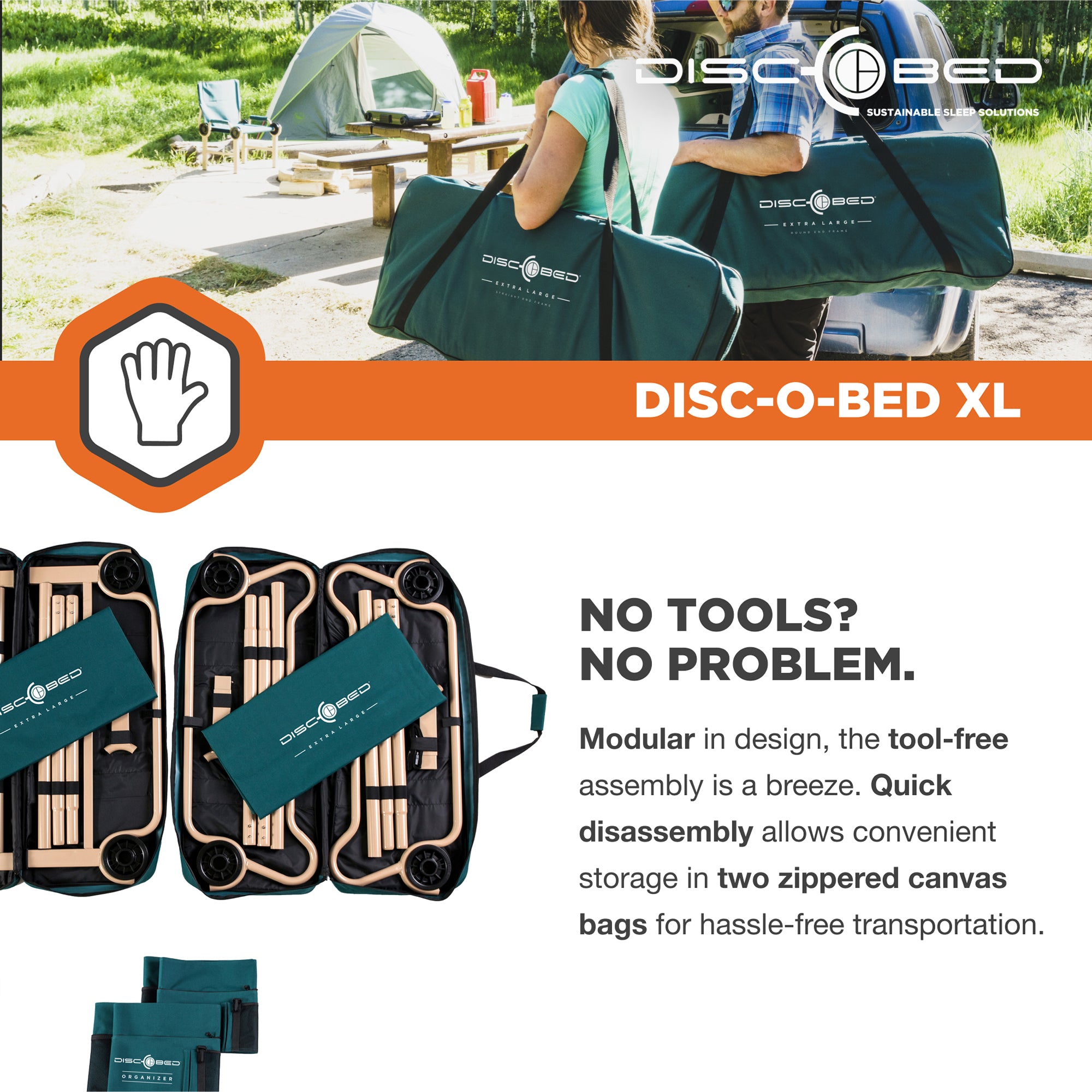 Disc-O-Bed XL Cam-O-Bunk Benchable Double Cot with Storage Organizers, Green - VMInnovations
