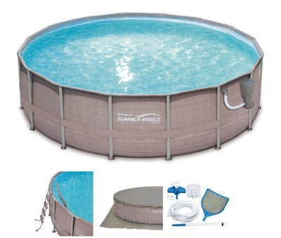 Summer Waves 16ft x 48in Elite Wicker Print Above Ground Frame Pool Set w/ Pump