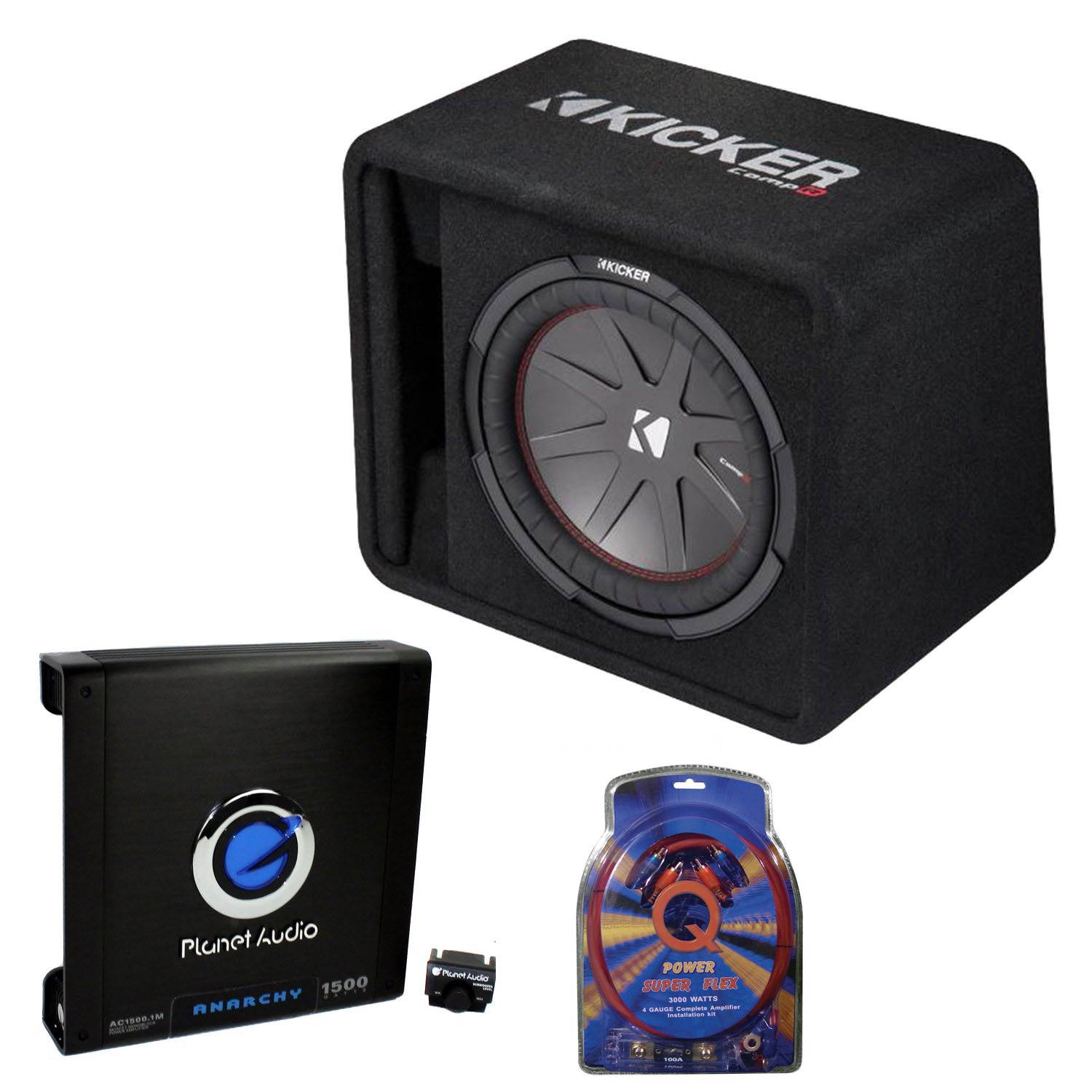 Kicker 12 Inch 1000W Subwoofer Enclosure and 1500W Mono Amplifier w/ Wiring Kit