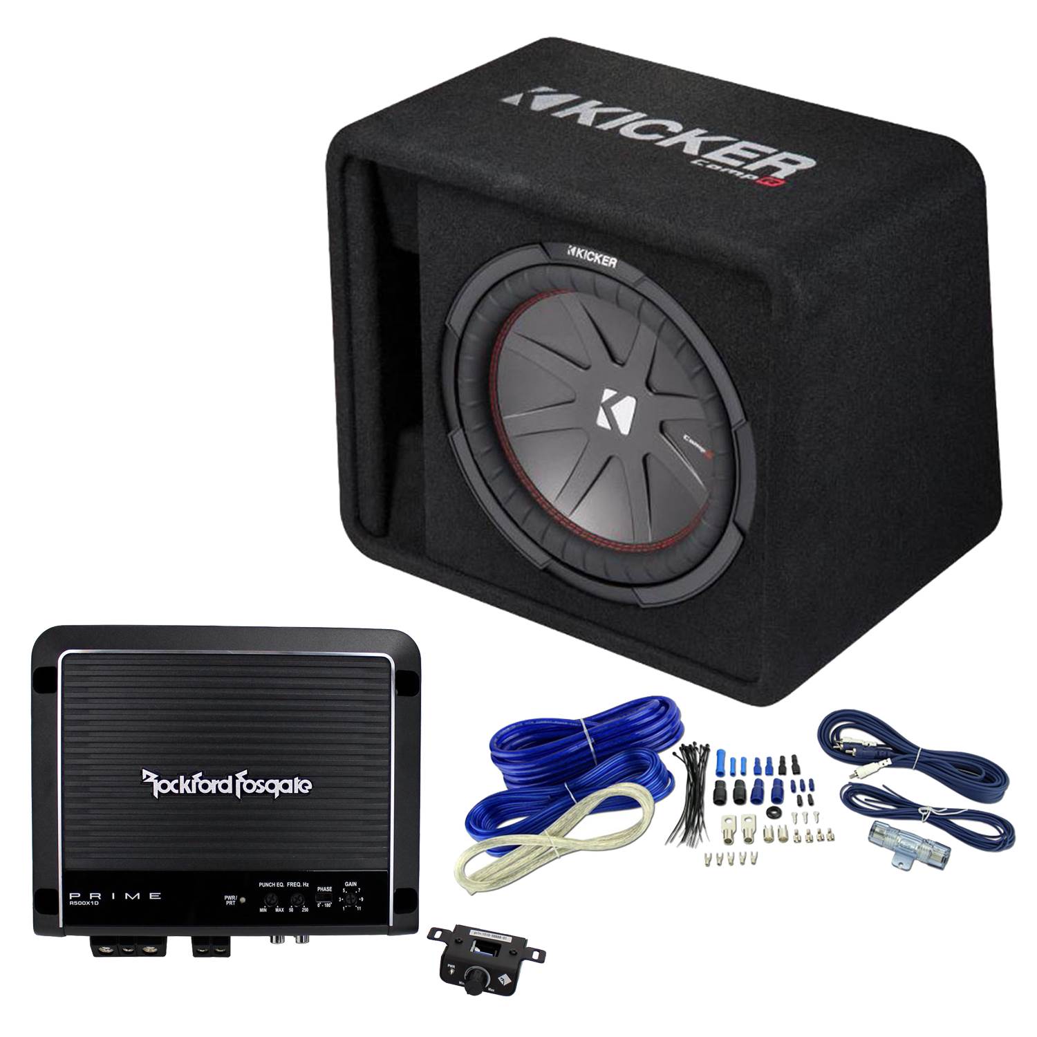 Kicker 12 Inch 1000W Subwoofer Box + 500W Mono D Amplifier, Remote + Wiring Kit