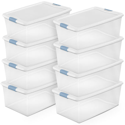 Sterilite 106 Qt Clear Plastic Stackable Storage Bin w/ White Latch Lid, 8 Pack - VMInnovations