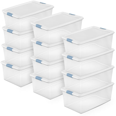 Sterilite 106 Qt Clear Plastic Stackable Storage Bin w/ White Latch Lid, 12 Pack - VMInnovations