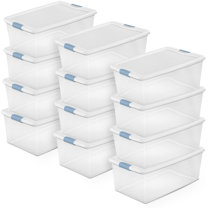 Sterilite 106 Qt Clear Plastic Stackable Storage Bin w/ White Latch Lid, 12 Pack