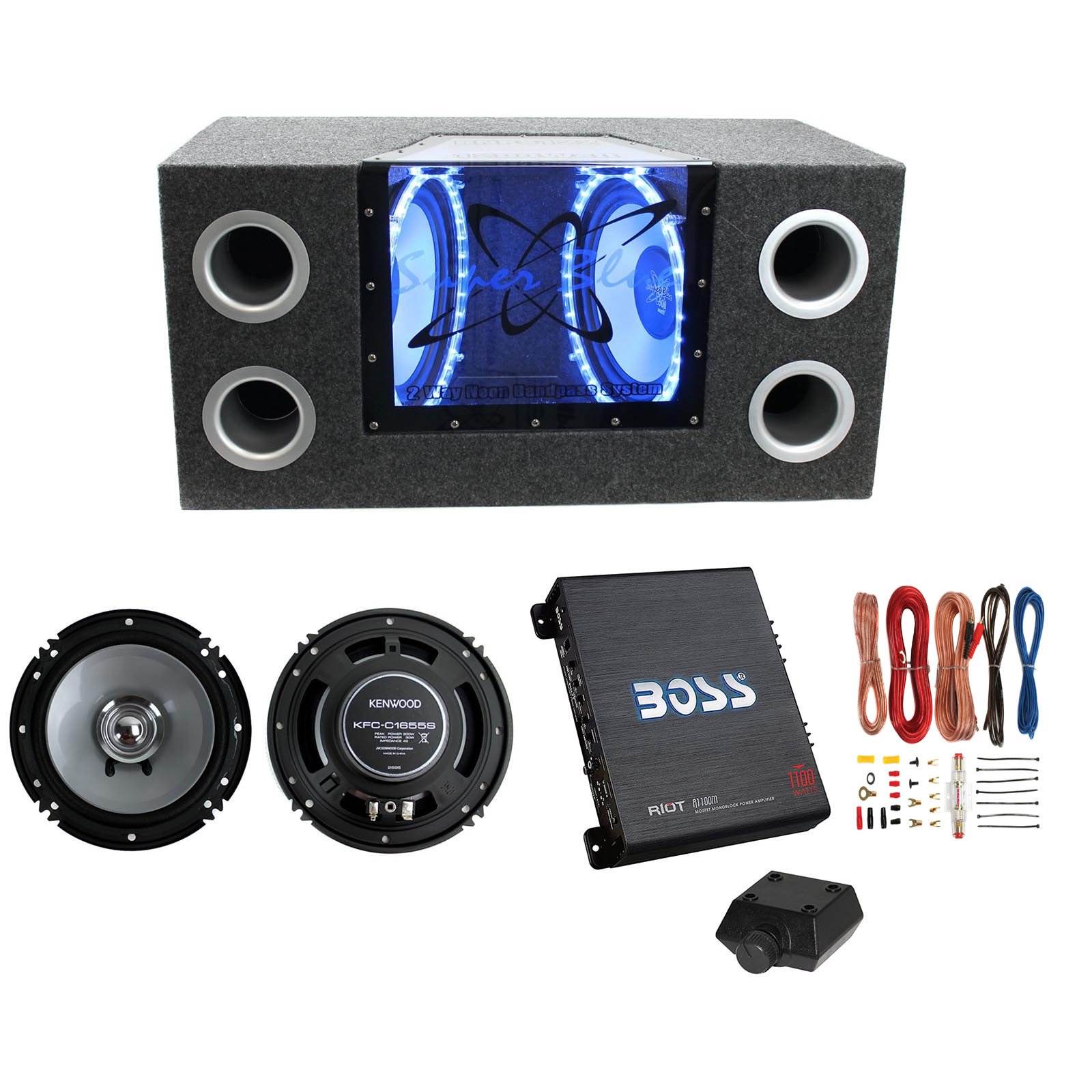 Pyramid 10" Dual Box Subwoofers + Kenwood 6.5" Speakers + Boss Mono Amplifier