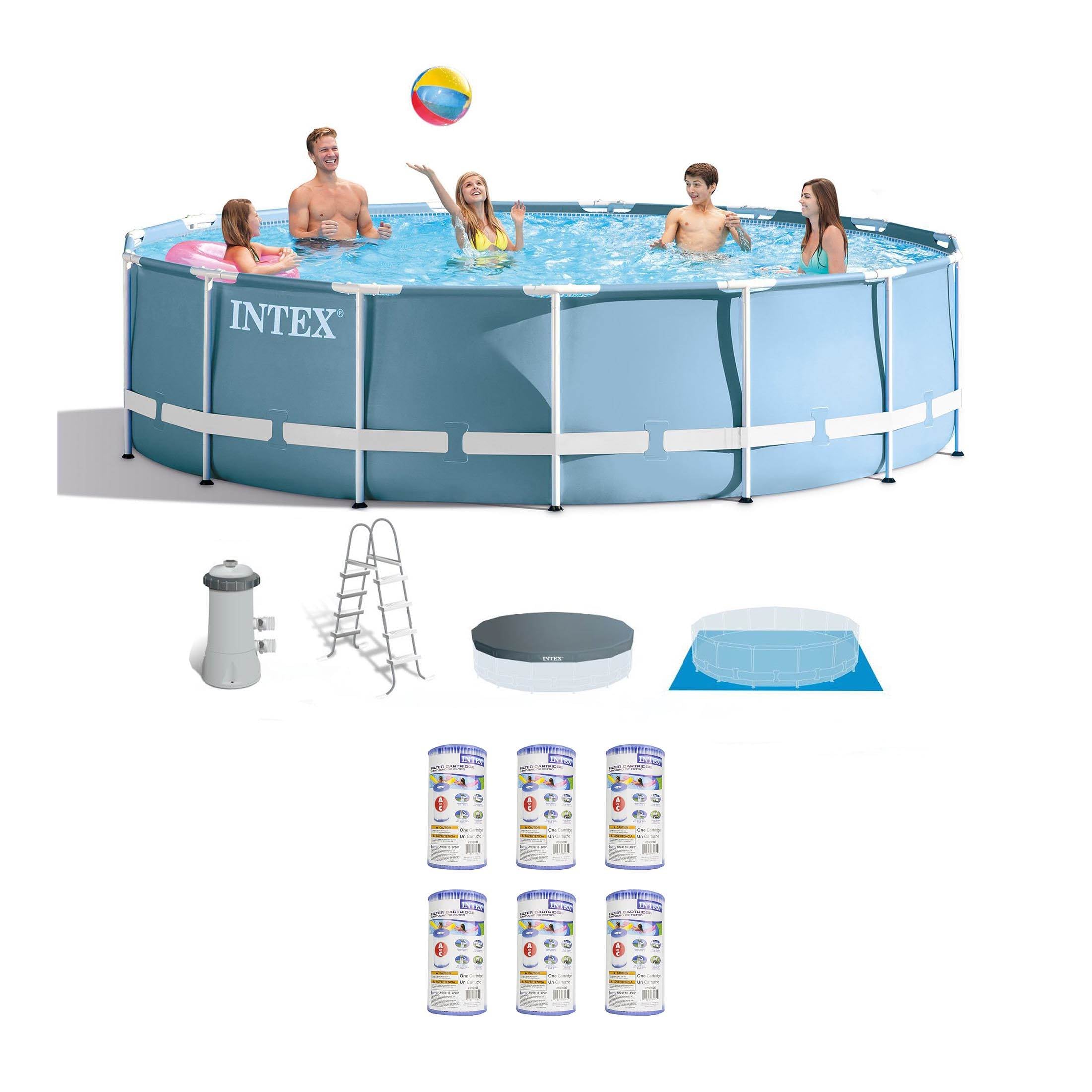 Intex 15ft x 48in Prism Frame Round Swimming Pool Set & 6 Filter Cartridges