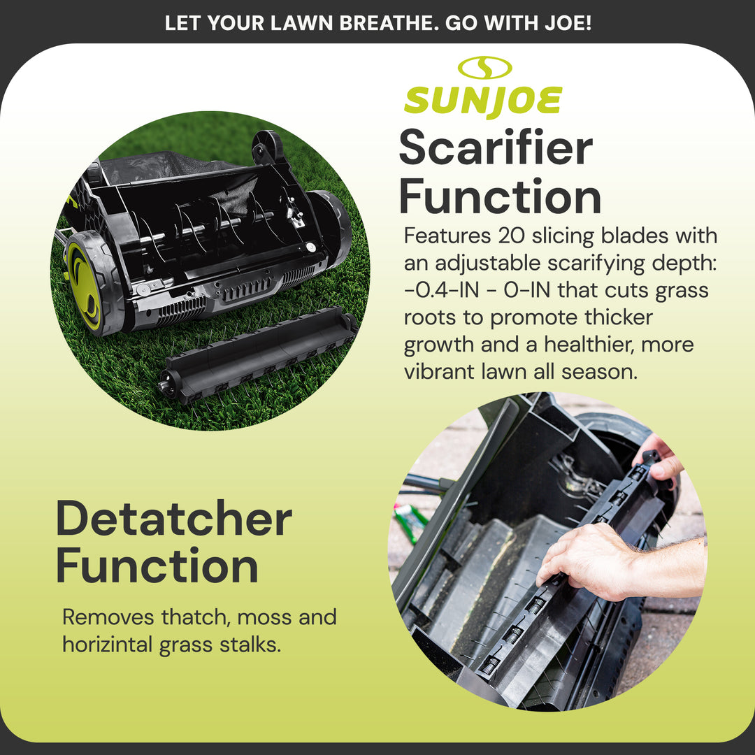 Sun Joe 12 Amp Electric Dethatcher/Scarifier, Lawn Equipment, 8 Gal Bag, AJ801E