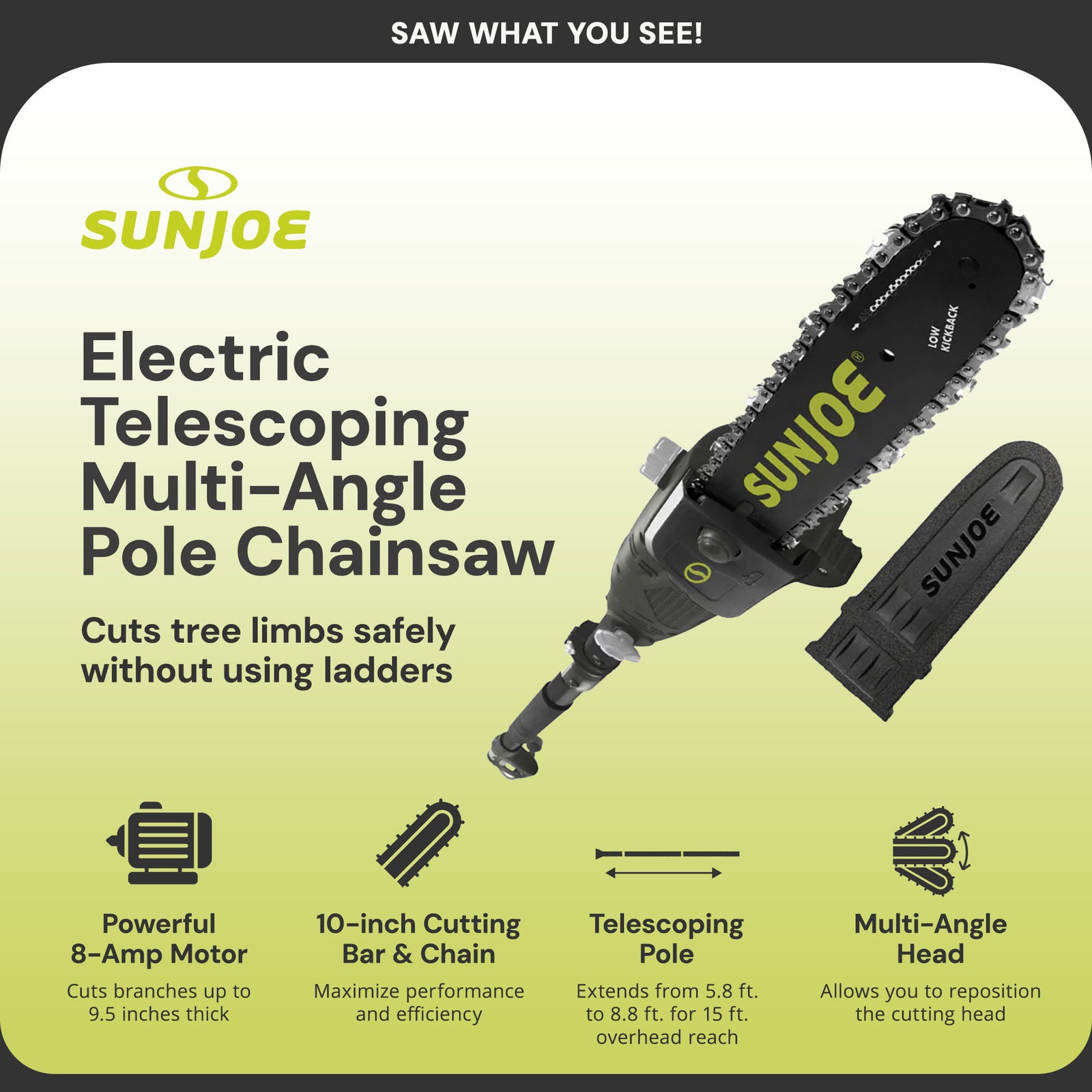 Sun Joe 10 Inch 8 Amp Electric 15 Foot Telescoping Multi Angle Pole Chainsaw - VMInnovations