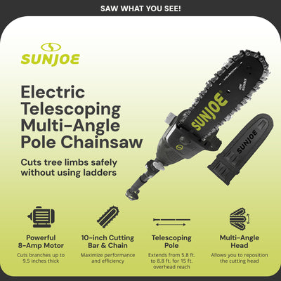 Sun Joe 10" 8-Amp Electric 15' Telescoping Multi-Angle Pole Chainsaw (Open Box) - VMInnovations