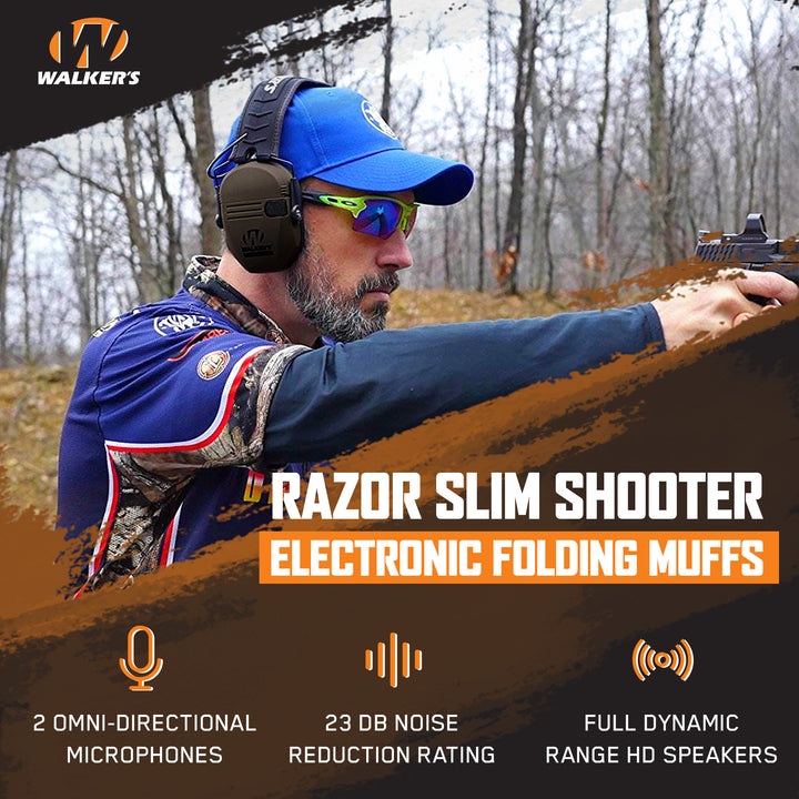 Walker's Razor Slim Electronic Folding Ear Protection Muffs for Shooting, Earth