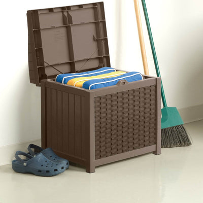 Suncast SSW1201 22 Gallon Resin Wicker Outdoor Storage Deck Box with Seat, Java