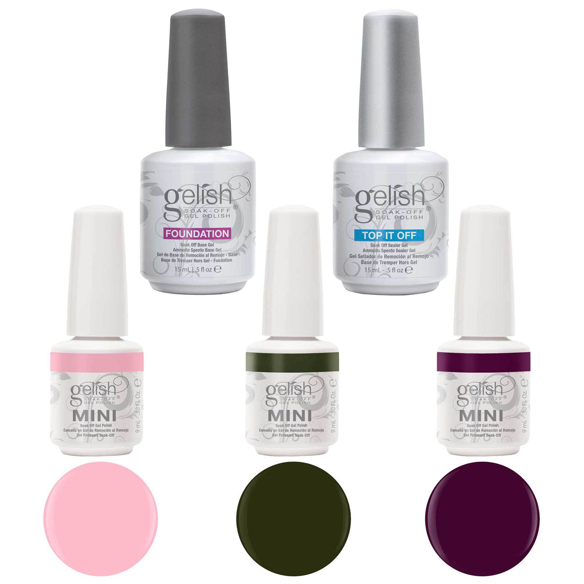 Gelish Soak-Off Foundation Base, Top Sealer, and 3 Mini Bottles of Gel Polish