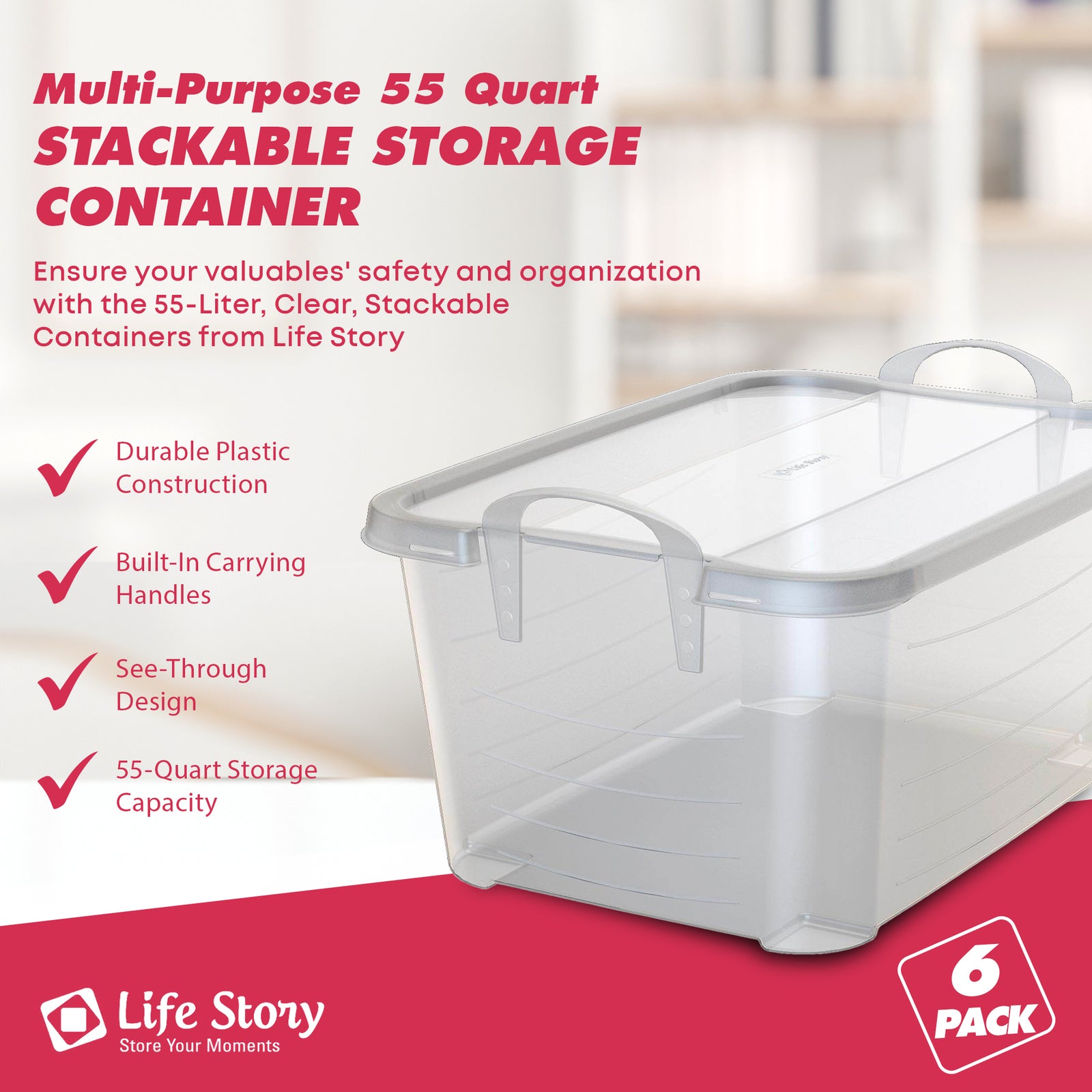 Life Story Clear Stackable Closet & Storage Box 55 Quart Containers, (6 Pack) - VMInnovations