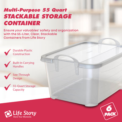 Life Story 55 Quart Stackable Storage Bin, Light Duty Container, Clear, 6 Pack - VMInnovations