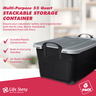 Life Story Black Stackable Storage Box 55 Quart Containers, (6 Pack) (Open Box)