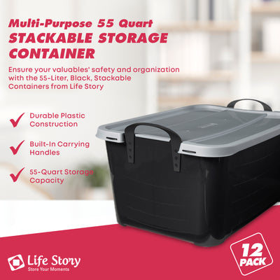 Life Story 55 Quart Stackable Storage Bin, Heavy Duty Lidded Container, 12 Pack - VMInnovations