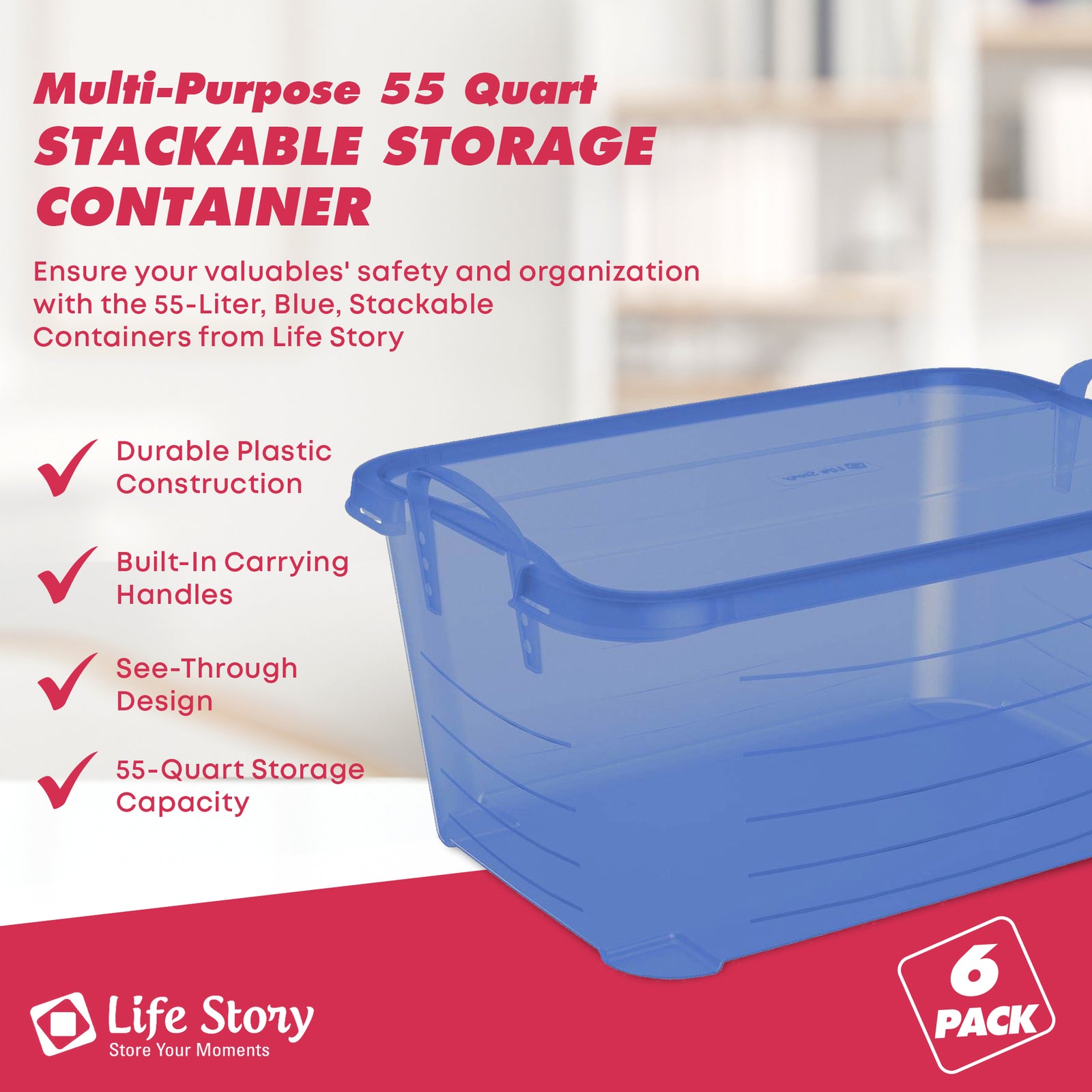 Life Story Blue 55 Quart Stackable Closet Storage Box Containers Totes (6 Pack) - VMInnovations