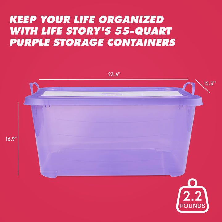 Life Story 55 Quart Stackable Storage Bin, Light Duty Container, Purple, 6 Pack