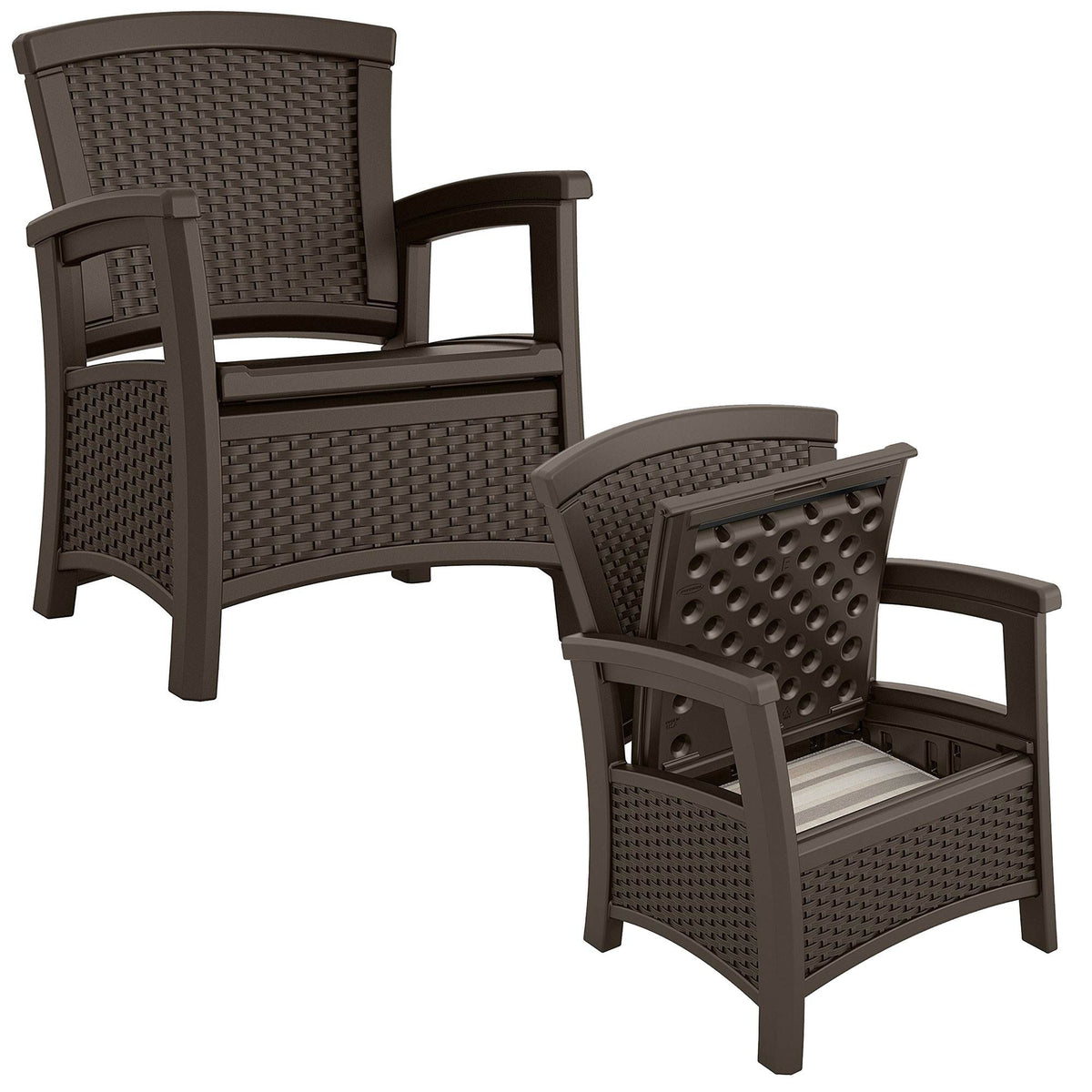 Suncast Elements Resin Wicker Design Club Chair with Storage, Java (2 Pack)