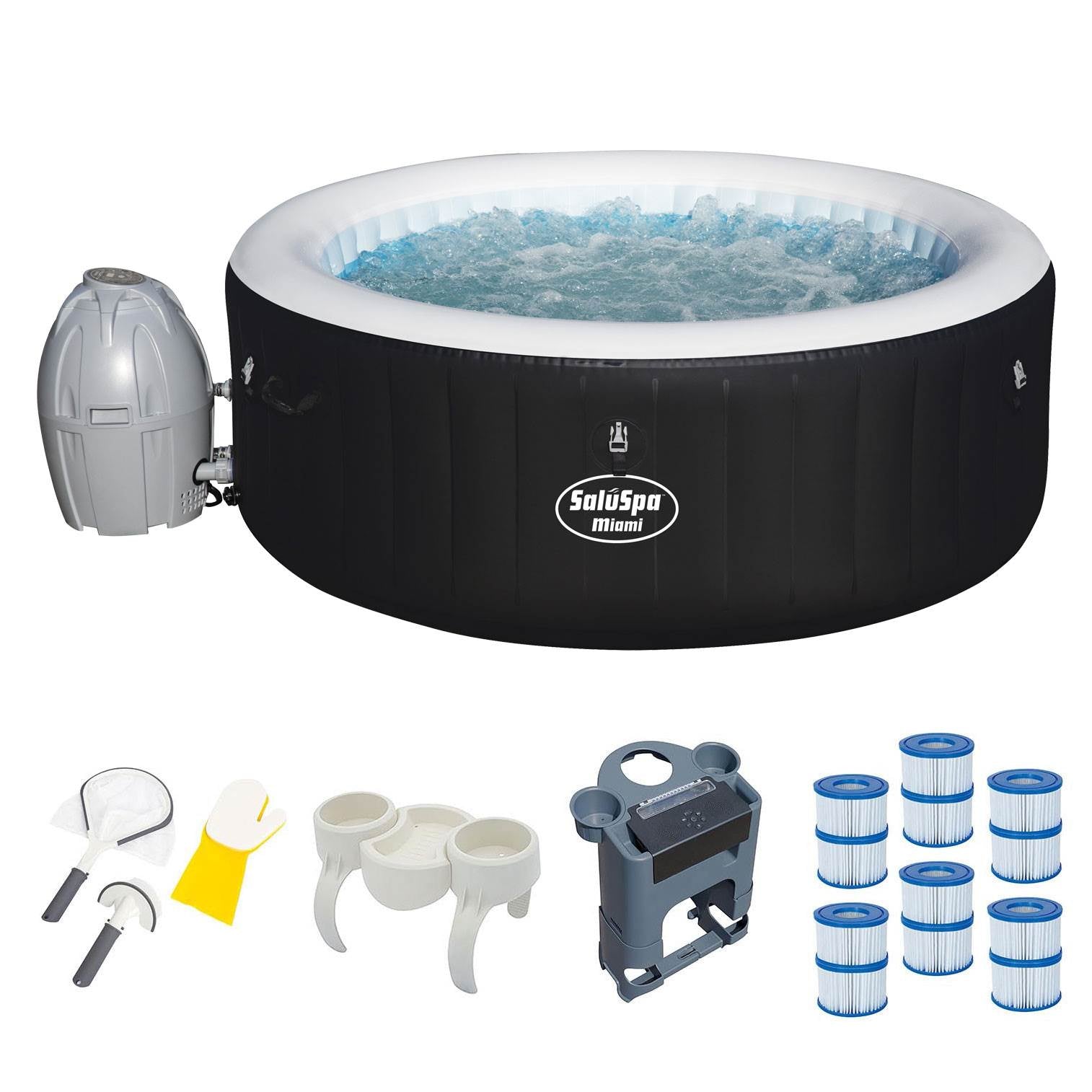 Bestway Inflatable Hot Tub + Entertainment Center + 6 Filters + Cleaning Set