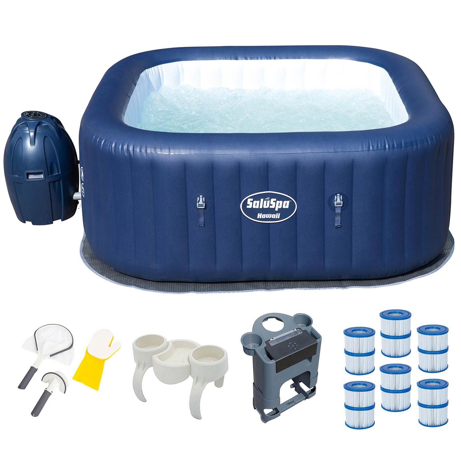 Bestway 6 Person Inflatable Hot Tub + Music Center + 6 Filters + Cleaning Set - VMInnovations