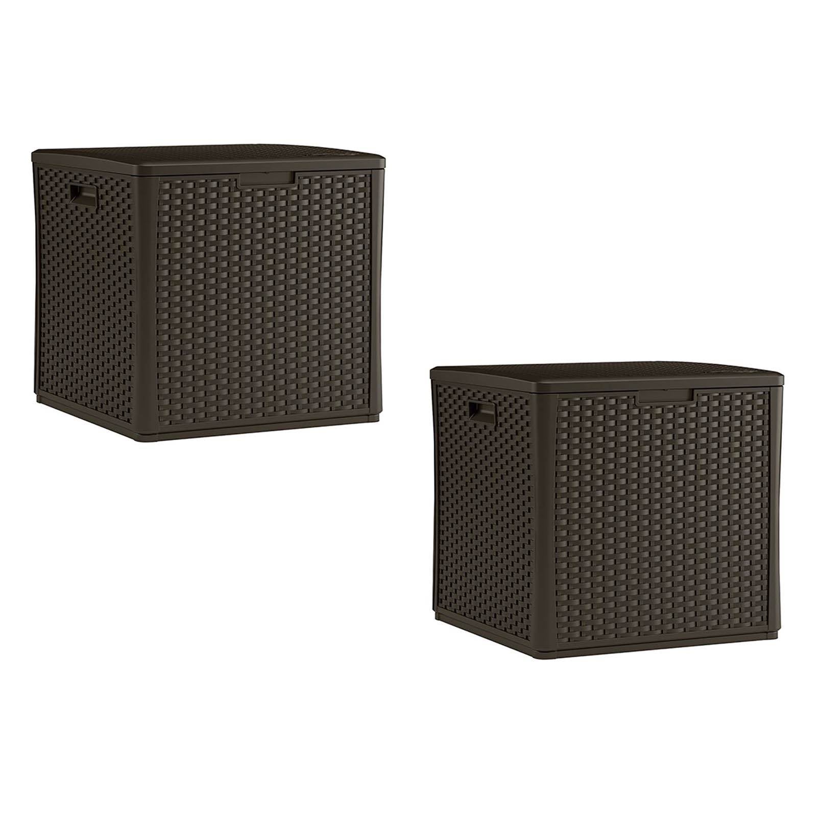 Suncast 60 Gallon Resin Wicker Design Cube Shape Storage Deck Box, Java (2 Pack) - VMInnovations