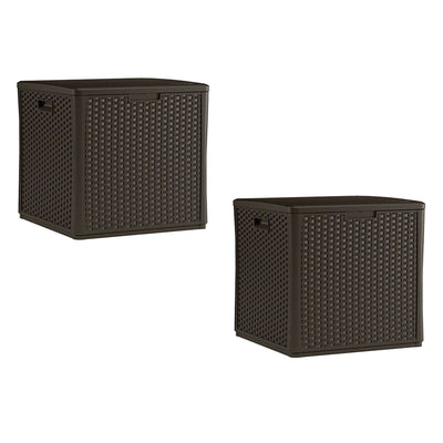Suncast 60 Gallon Resin Wicker Design Cube Shape Storage Deck Box, Java (2 Pack) - VMInnovations